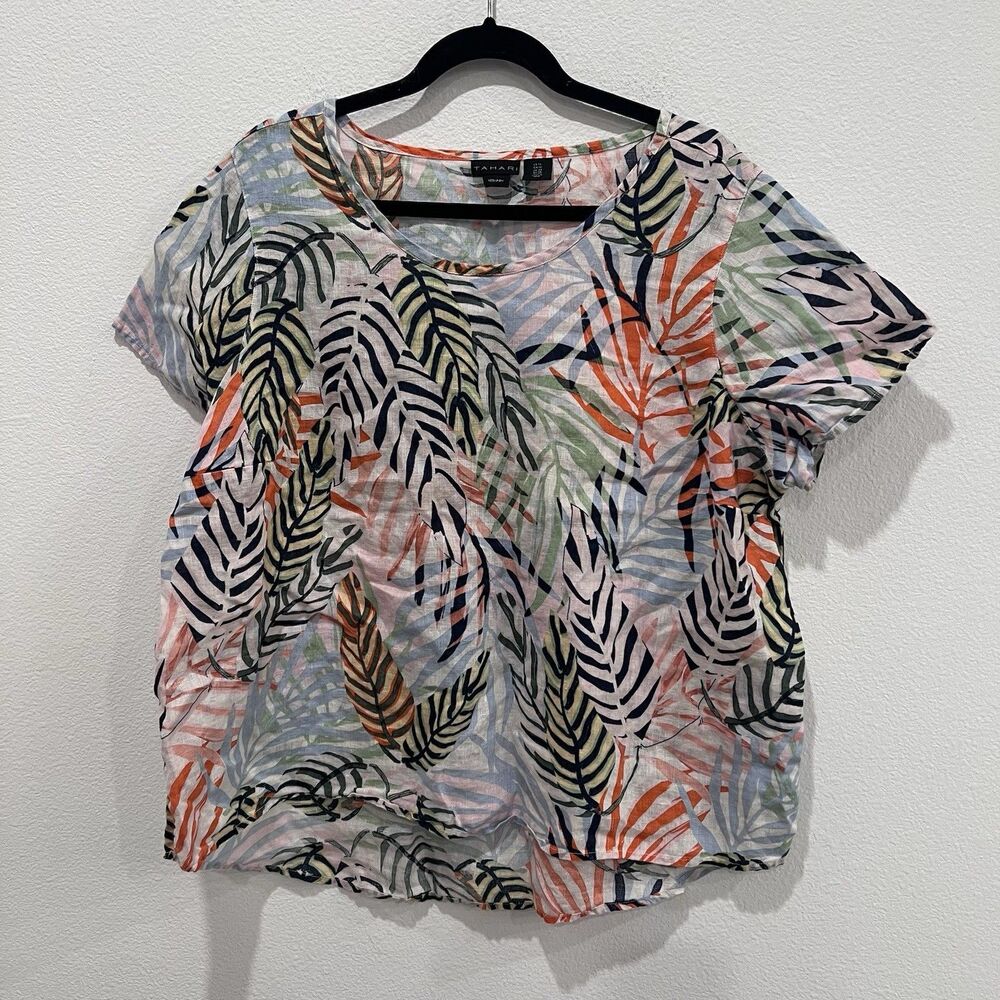 Tahari 100 Linen Floral Tropical Top Blouse Short Sleeve 1X Summer Vacation